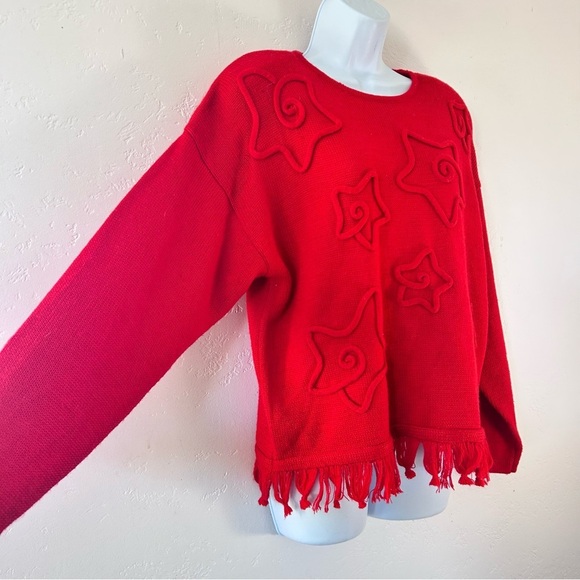 L’EAU VIVE  80s Red 3D Knit Stars Fringe Hem Sweater Size M - Picture 3 of 10